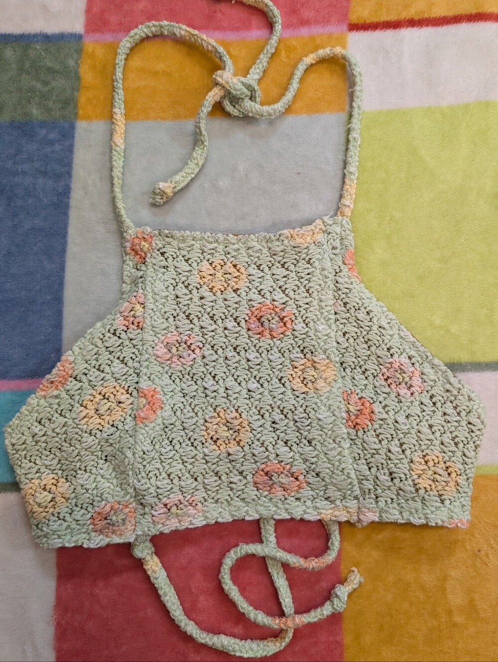 90s Y2k Mint Crochet Floral Halter Top Bralette Festival Boho Made in USA